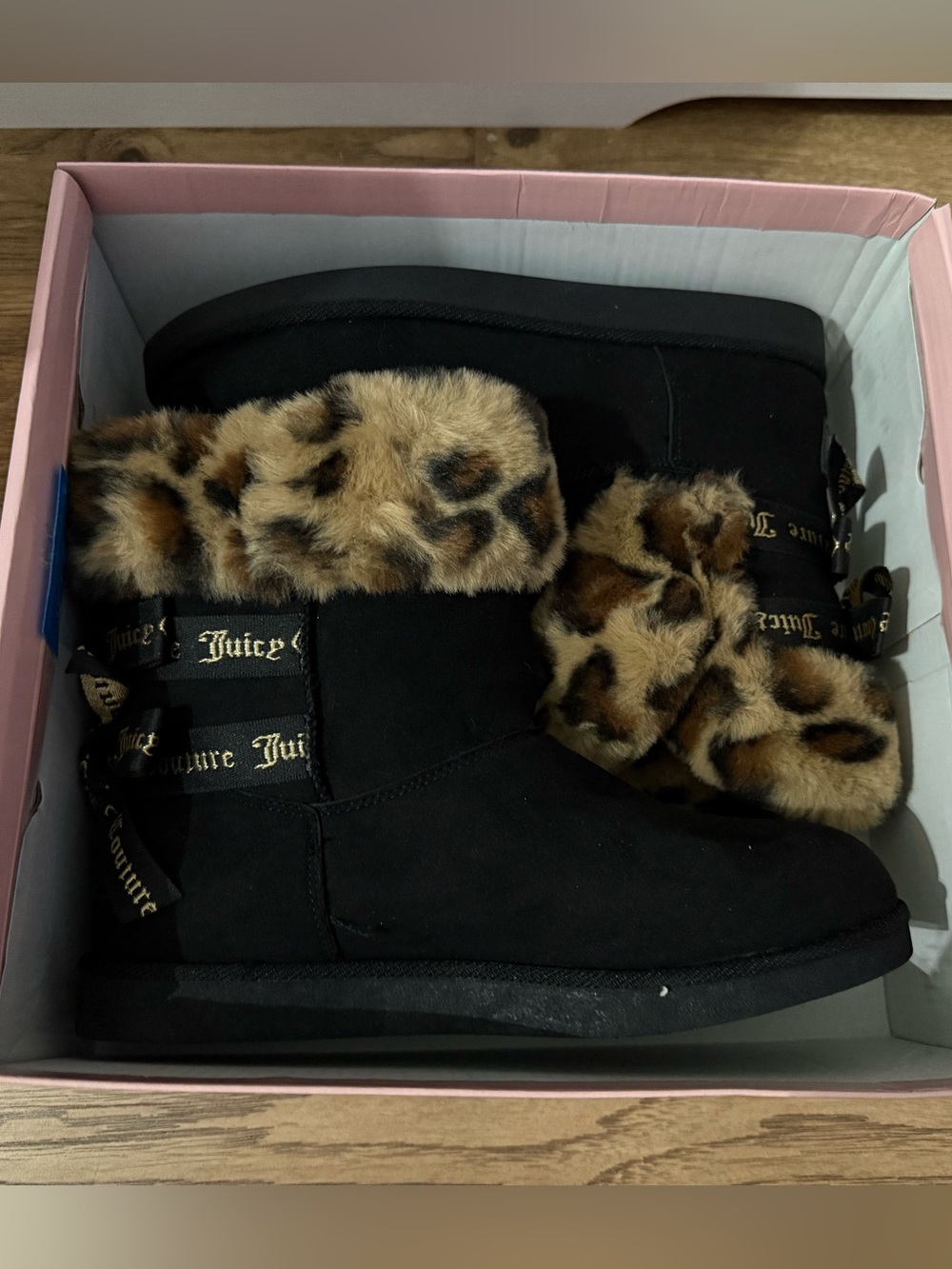 Juicy Couture Black Boots with Leopard Faux Fur Cuff